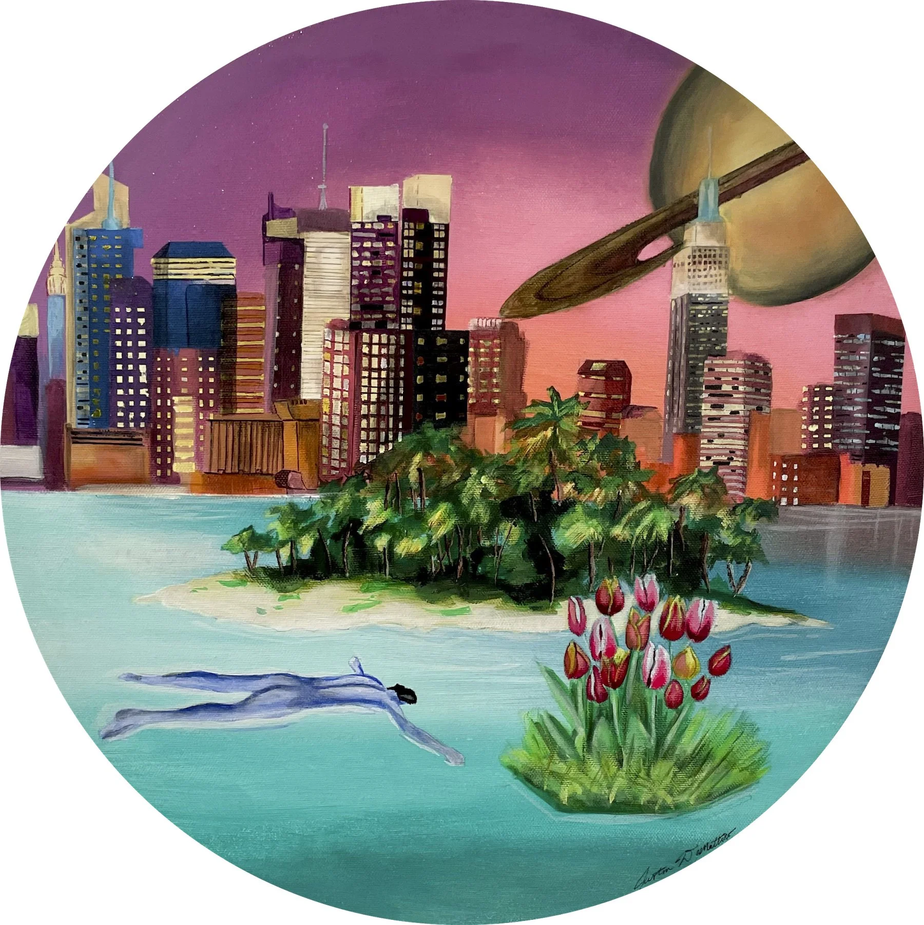 "Saturn City," 2022, 16"x16", Acrylic on Canvas