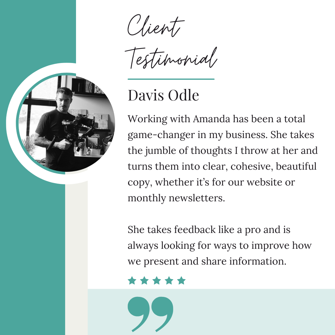 Client testimonial for Davis Odle, includes a black and white photo of him holding a camera, and text praising his work with Amanda and a five-star rating.