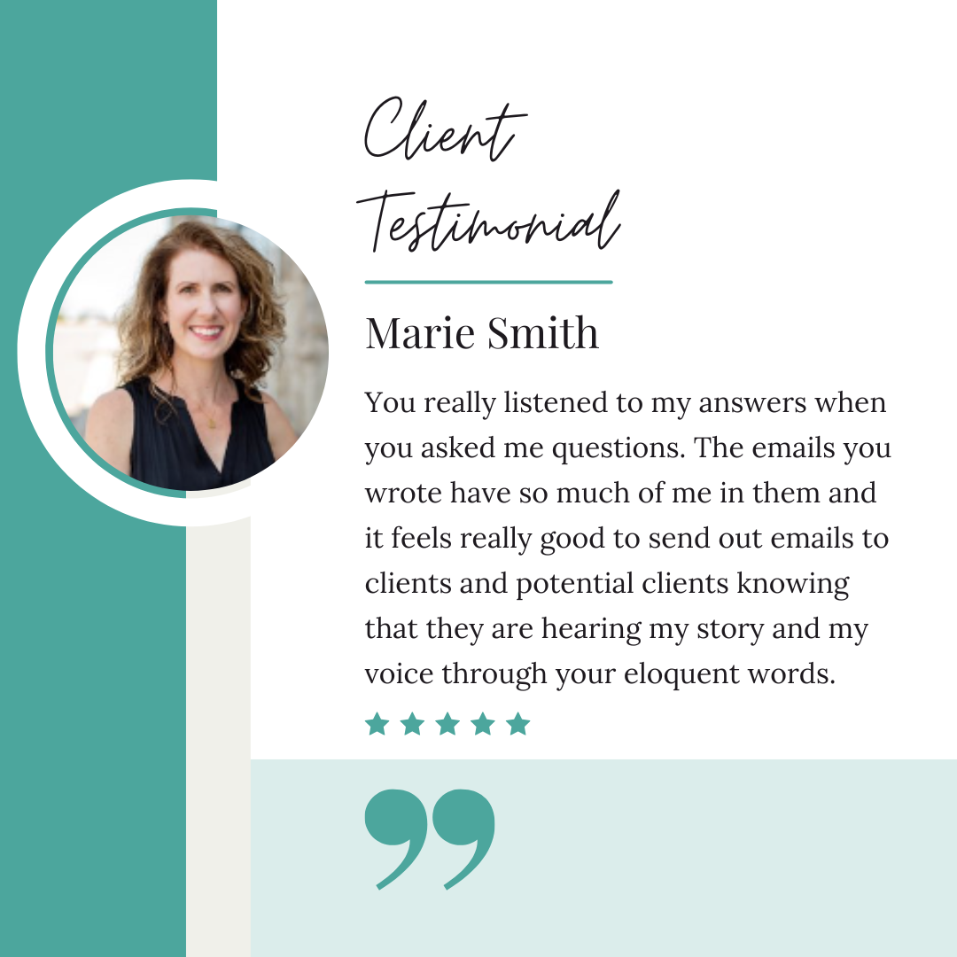 Client testimonial graphic with a woman's photo, her name, Marie Smith, a five-star rating, and a quote praising Amanda's communication skills.
