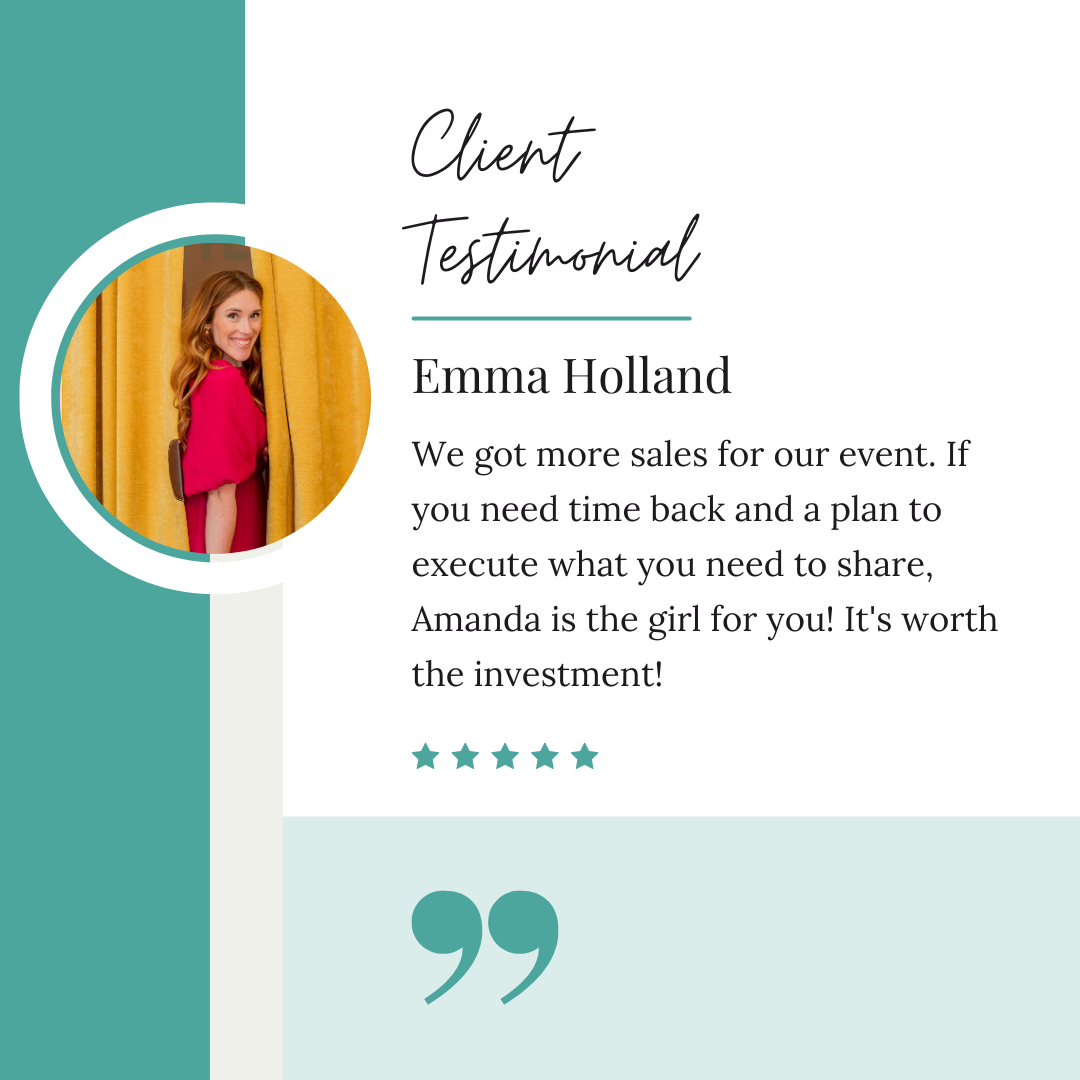 Customer testimonial for Emma Holland, with a photo of a smiling woman in a red dress, yellow curtains in the background, and text sharing positive feedback about a service or event.