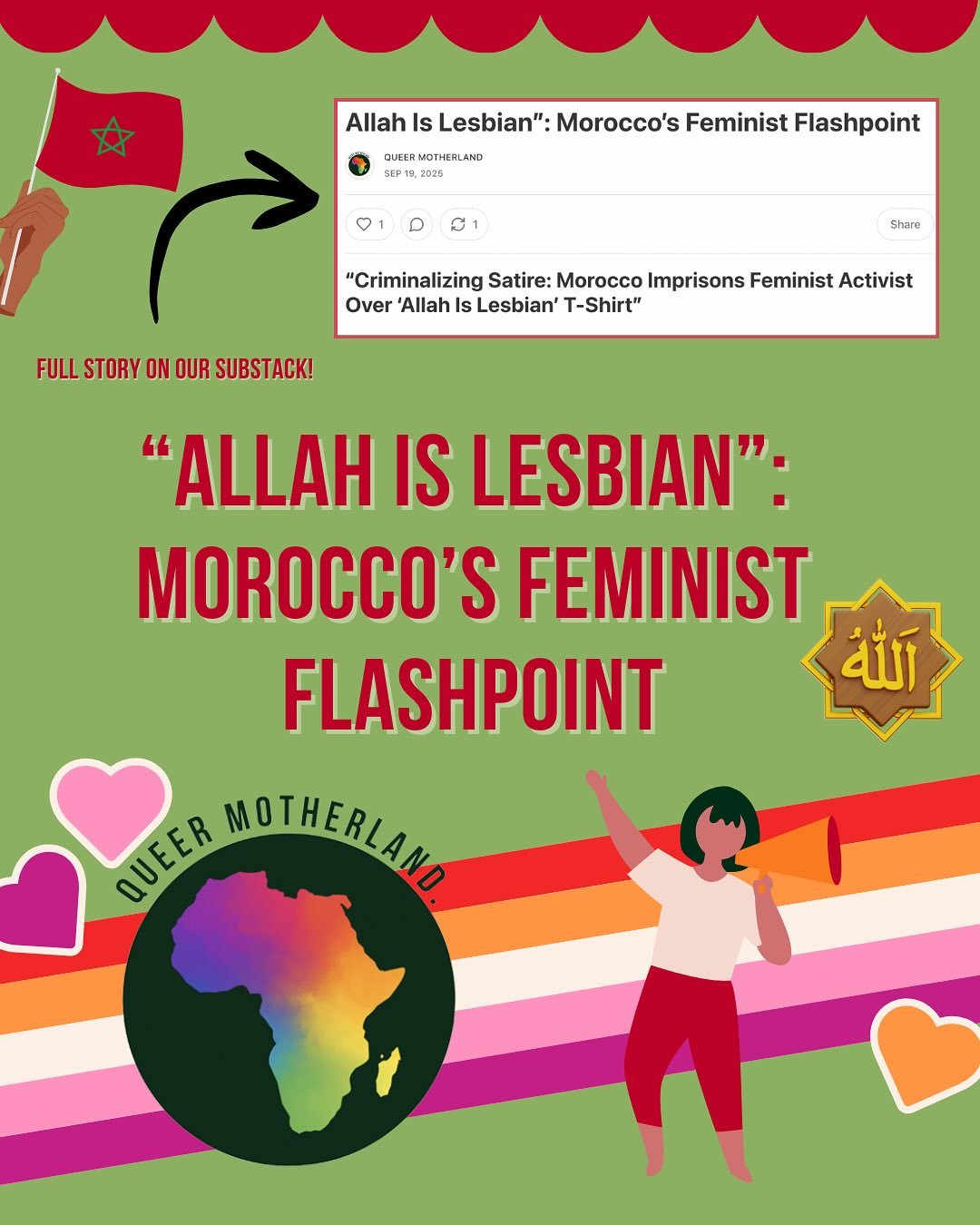 WE HAVE A SUBSTACK EVERYONE!! 😊🫂🥹🤩🤩 and one of our first posts (written by our Ghanaian lesbian board member) is on the topic of the Moroccan activist Ibtissam &ldquo;Betty&rdquo; Lachgar and her t shirt that read &ldquo;Allah is lesbian.&rdquo;
