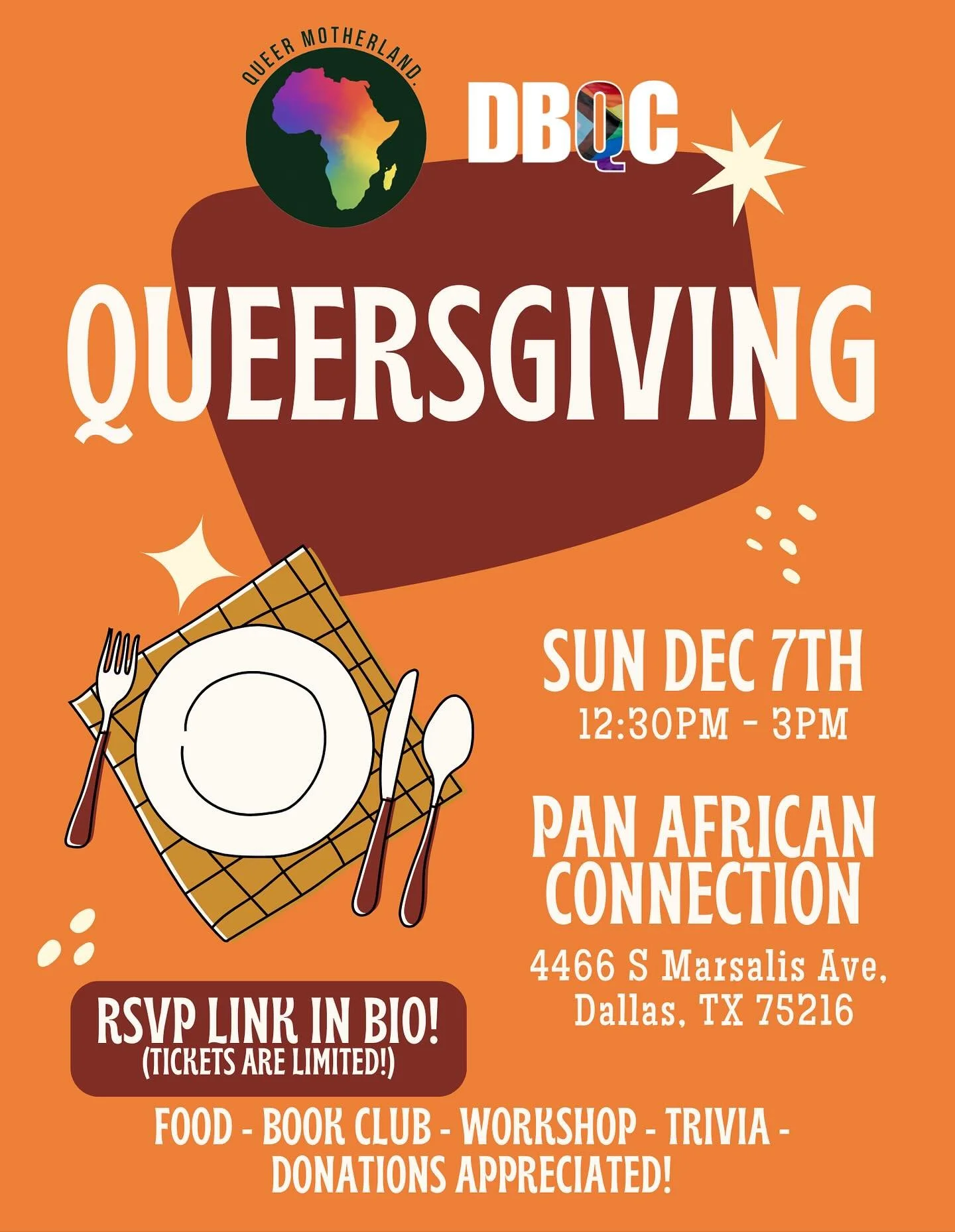 Tell a friend to tell a friend it&rsquo;s Queer Motherland&rsquo;s 1st annual Queersgiving celebration!! Queer Motherland is partnering with @dallasblackqueercollective to bring queer black and African people together during the holidays to eat INSAN