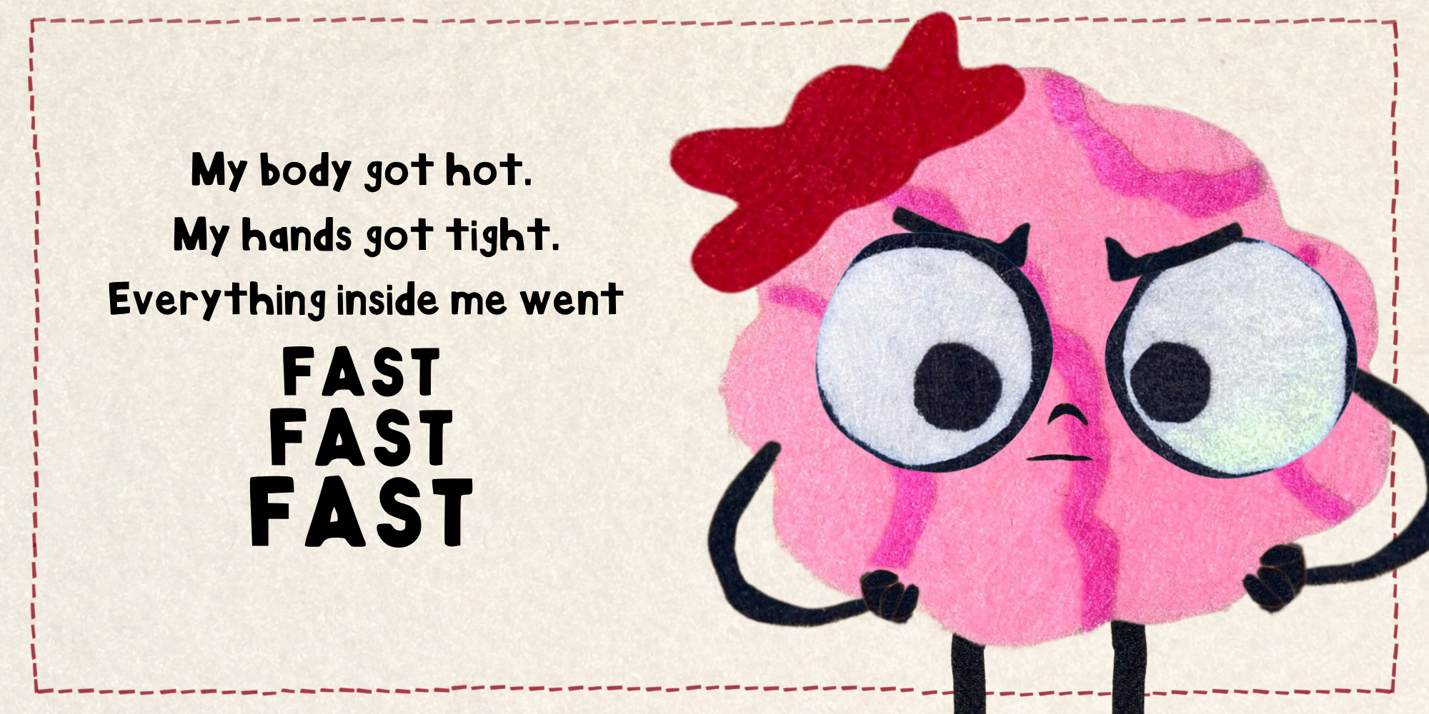 Ruby illustrating a rising fight response in a poem from the Brain and Heart framework, repeating "FAST" to show escalating body sensations