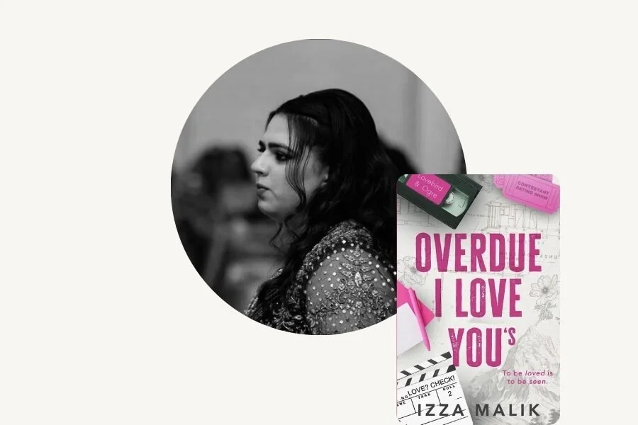 Black and white photo of a woman with dark hair, looking to the side, with a book titled 'Overdue I Love You's' by Izza Malik in the foreground.