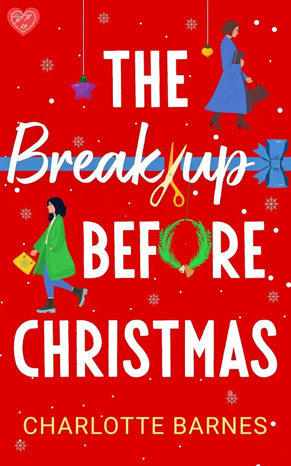 Book cover titled 'The Breakfast Before Christmas' by Charlotte Barnes, featuring a red background with illustrations of women, Christmas ornaments, snowflakes, a wreath, and gift boxes.
