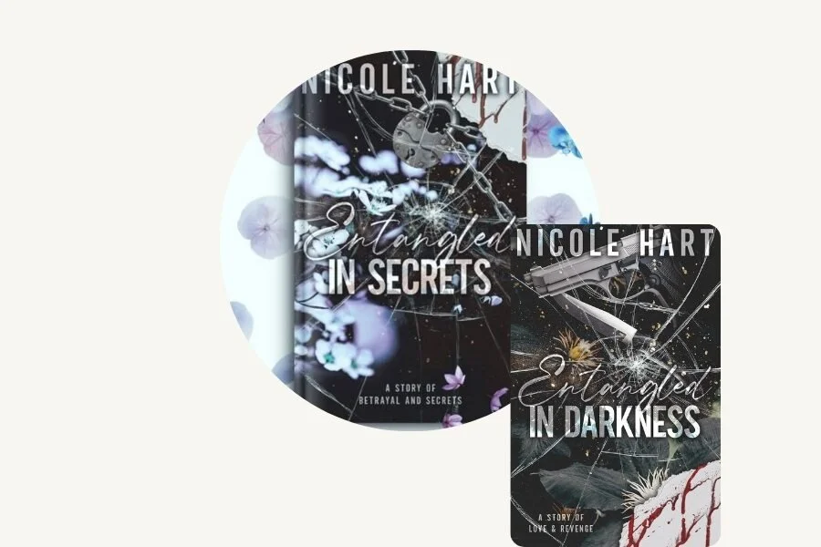 Two book covers by Nicole Hart, titled 'Entangled in Secrets' and 'Entangled in Darkness,' with a dark, broken glass theme against a blue background.