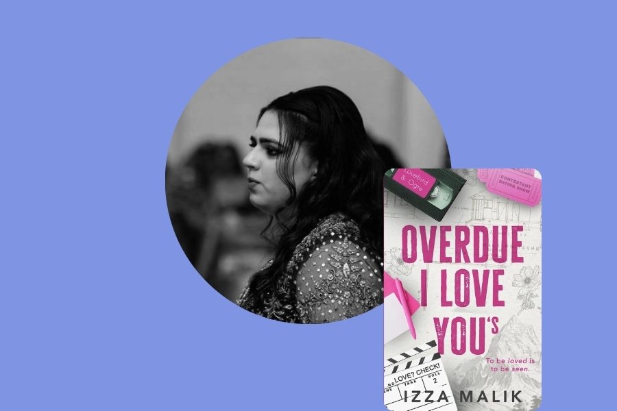 Black and white photo of a woman with dark hair, looking to the side, with a book titled 'Overdue I Love You's' by Izza Malik in the foreground.