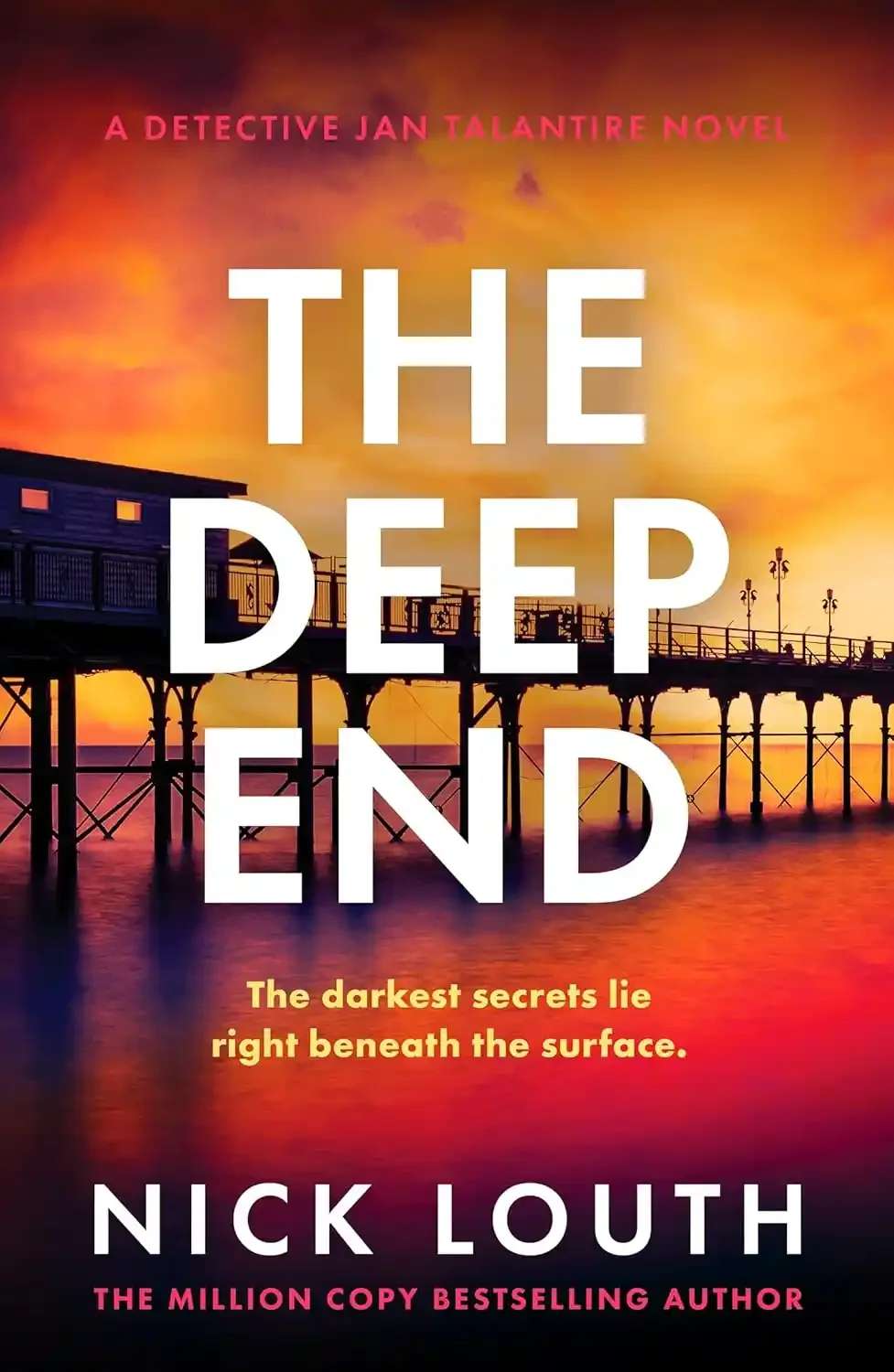 Book cover for 'The Deep End' by Nick Louth, featuring an image of a pier at sunset with a vibrant orange, pink, and purple sky.