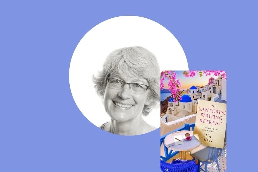 Black and white headshot of a smiling woman with glasses, against a white circular background, with a colorful postcard or brochure showing a scene from Santorini, Greece, with white buildings with blue domes, pink blossoms, and a small outdoor table and chair in the foreground.