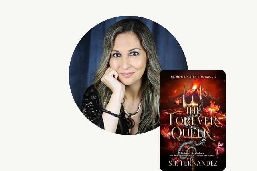 A woman with long, wavy hair smiling and resting her chin on her hand, wearing a black top and jewelry, next to a copy of a book titled "The Forever Queen" with a fiery background and a sword.