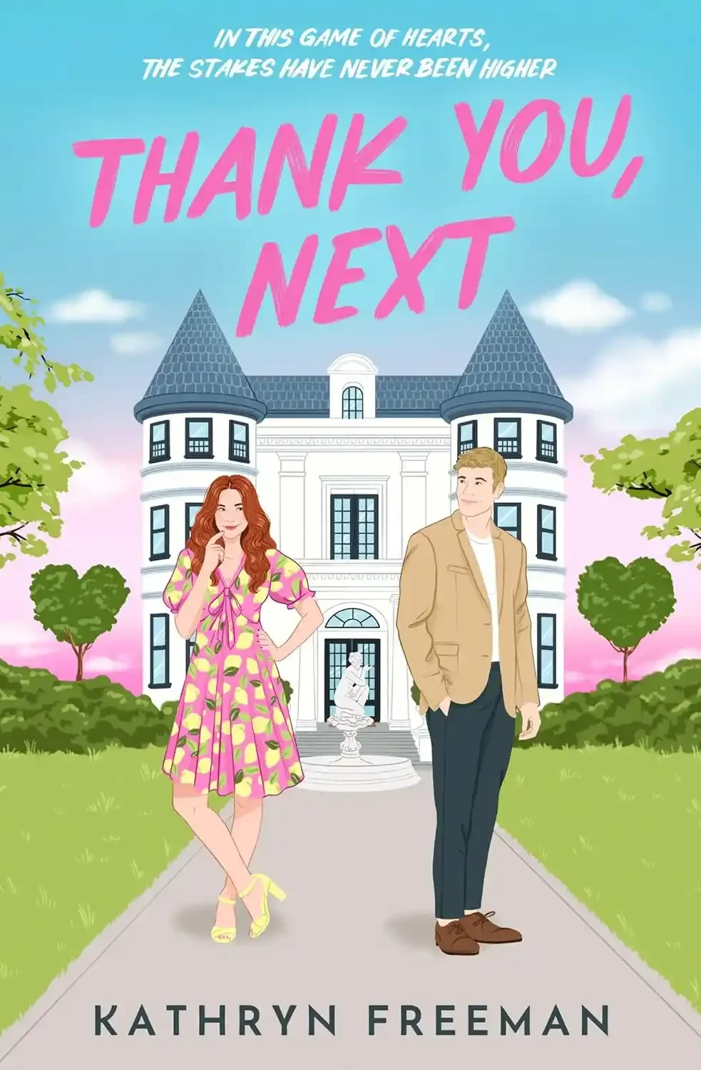 Book cover featuring a mansion with two characters, a woman in a pink floral dress and yellow shoes, and a man in a tan blazer and dark pants, standing on a pathway surrounded by green trees and grass, with pink and blue sky background. The title reads "Thank You, Next" and the author is Kathryn Freeman.