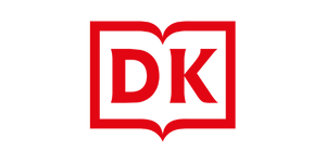 DK logo in black and red, resembling an open book.