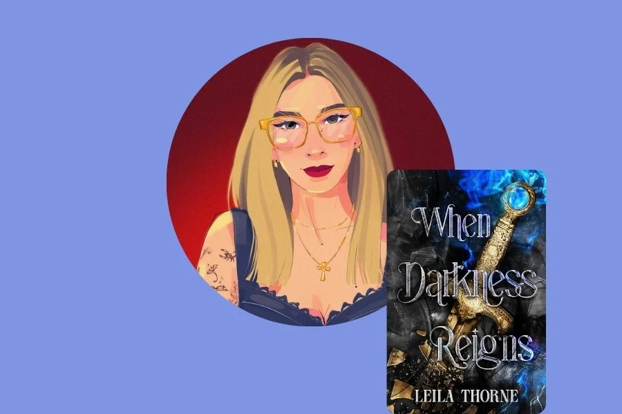 A woman with shoulder-length light brown hair, glasses, red lipstick, and a necklace, poses for a photo against a background of a window and wooden paneling. A book titled "When Darkness Reigns" by Leila Thorne is partially visible in front of her.