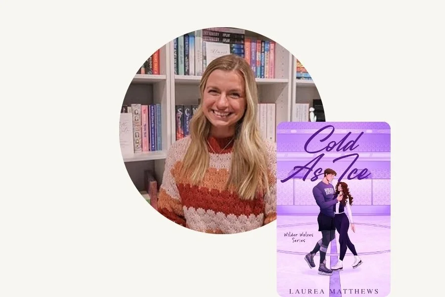 A smiling woman with long blonde hair in front of a bookshelf, next to a book cover titled 'Chasing After You' by Laurea Matthews with purple and pink flowers and water background.