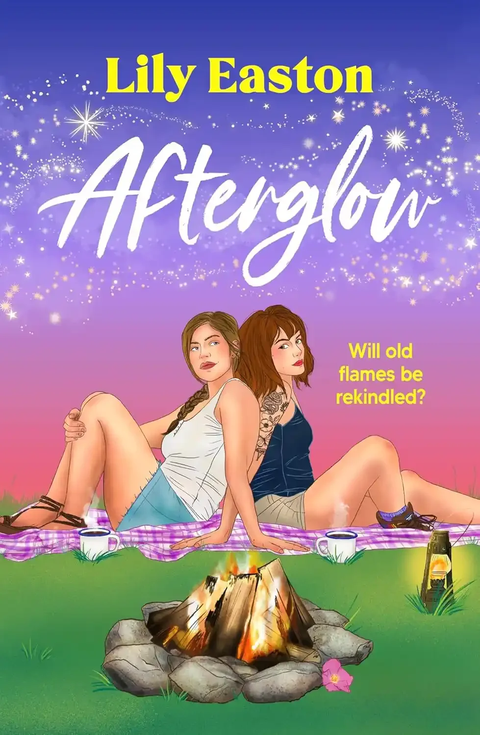 Book cover for "Afterglow" by Lily Easton, featuring two women sitting on a picnic blanket by a campfire, with a purple sky filled with stars and sparkles. The subtitle reads "Will old flames be rekindled?"