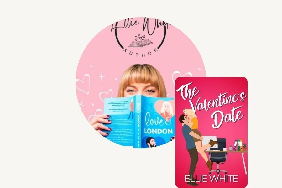 A woman with blonde hair and bangs is holding a blue book titled "Love & London" in front of her face, with her eyes visible. The background is pink with doodle hearts and a logo that says "Ellie White Author." An overlay of a book cover titled "It's Not Love, Actually" is in the bottom right corner, depicting a couple kissing in front of London landmarks like Big Ben and telefones.