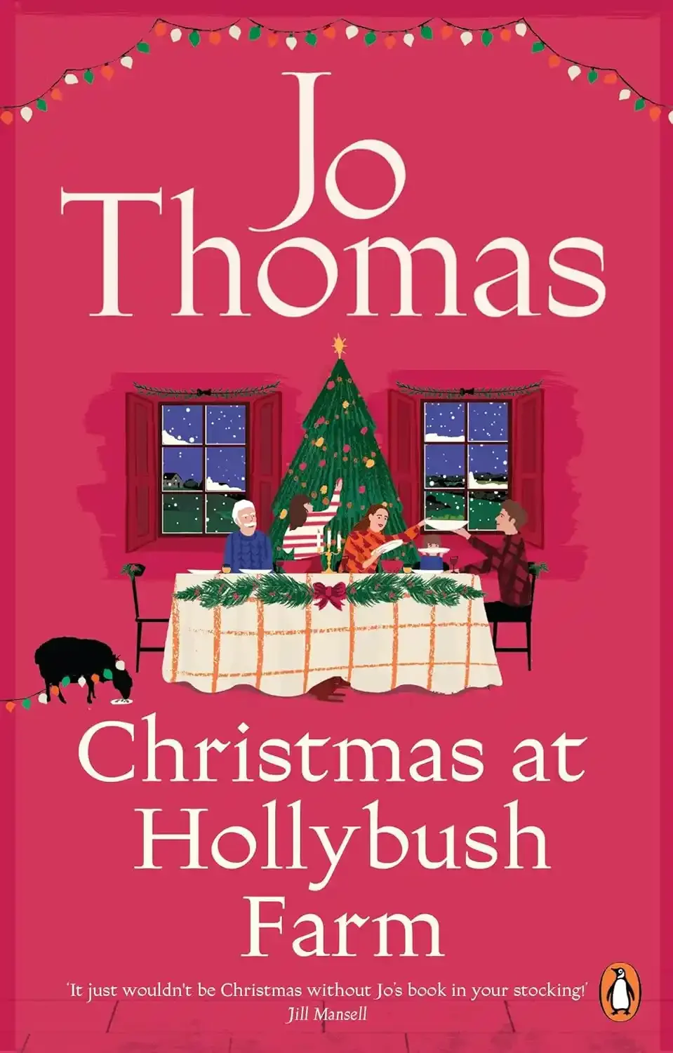 Book cover for 'Christmas at Hollybush Farm' by Jo Thomas, decorated with Christmas lights, featuring a festive scene with a Christmas tree and family at a holiday gathering.