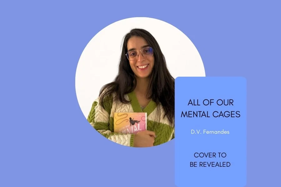A woman standing outdoors near a fountain with buildings in the background, on a blue background with a pink and white book cover titled 'and our MENTAL GAGS' by Diana V. Fernandes in the corner.