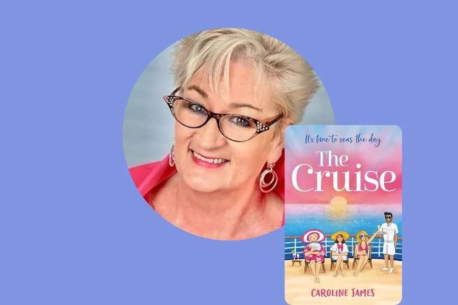A woman with short blonde hair, glasses, and earrings smiling, with a book titled "The Cruise" by Caroline James and a seaside sunset scene in the background.