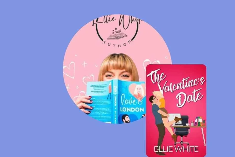 A woman with blonde hair and bangs is holding a blue book titled "Love & London" in front of her face, with her eyes visible. The background is pink with doodle hearts and a logo that says "Ellie White Author." An overlay of a book cover titled "It's Not Love, Actually" is in the bottom right corner, depicting a couple kissing in front of London landmarks like Big Ben and telefones.