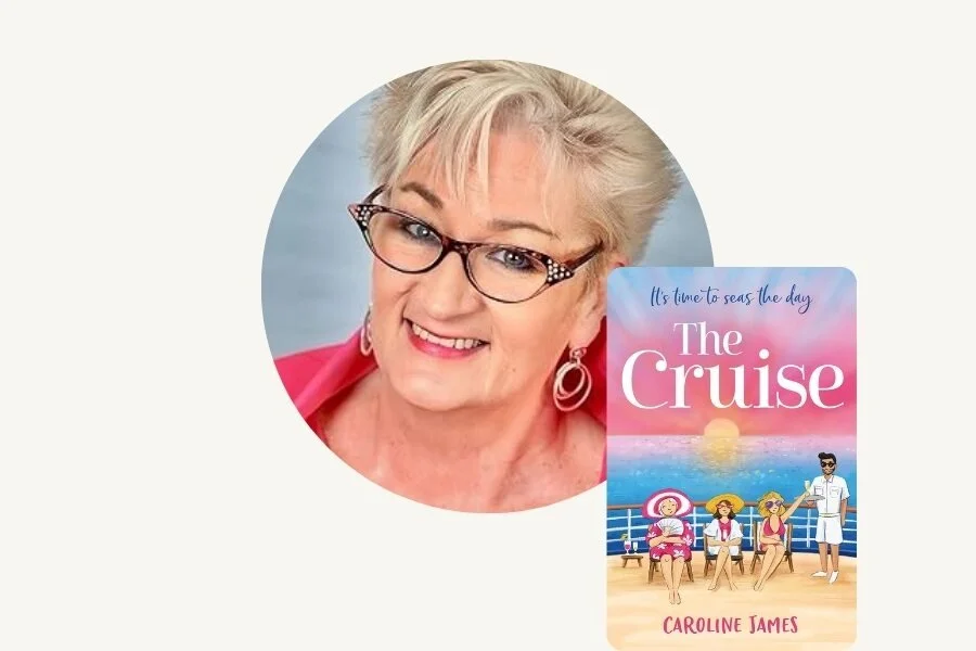 A woman with short blonde hair, glasses, and earrings smiling, with a book titled "The Cruise" by Caroline James and a seaside sunset scene in the background.