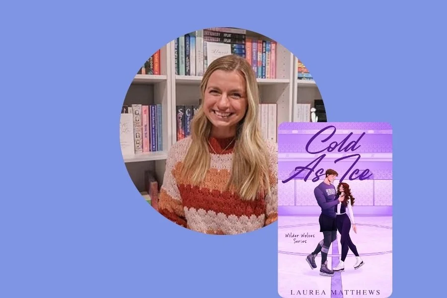 A smiling woman with long blonde hair in front of a bookshelf, next to a book cover titled 'Chasing After You' by Laurea Matthews with purple and pink flowers and water background.
