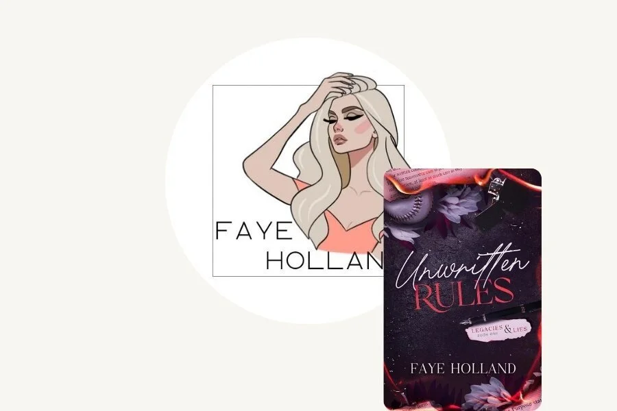 An illustration of a woman with long blonde hair touching her head, with the text 'Faye Holland' below her. In front of the illustration, there is a book titled 'Unwritten Rules' by Faye Holland, featuring dark purple and red tones and a graphic design with flowers and a gas mask.