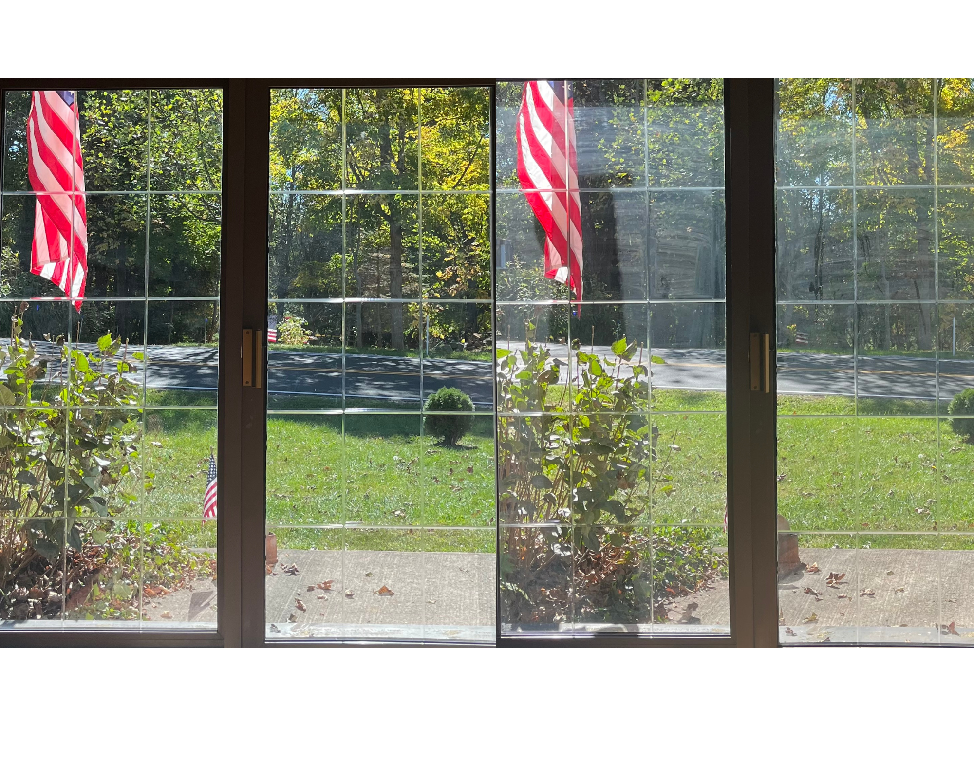 View through a large glass window with a metal frame, showing American flags outside, green grass, bushes, and trees in the background, with sunny weather.