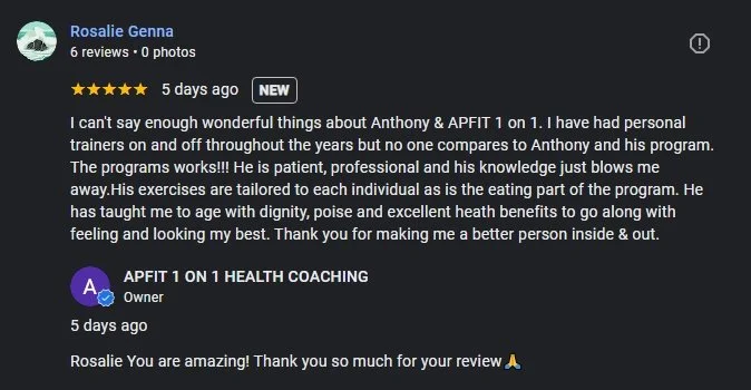 Screenshot of a positive review for Anthony & APFIT 1, praising personal trainers, tailored exercises, and health benefits, with a reply thanking the reviewer.