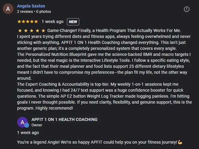 Screenshot of a positive review on a health coaching service from Angela Saxton praising the program's personalized system and support.