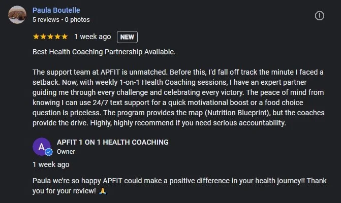 Screenshot of a Google review for a health coaching service, showing star rating, review content, and reviewer information.