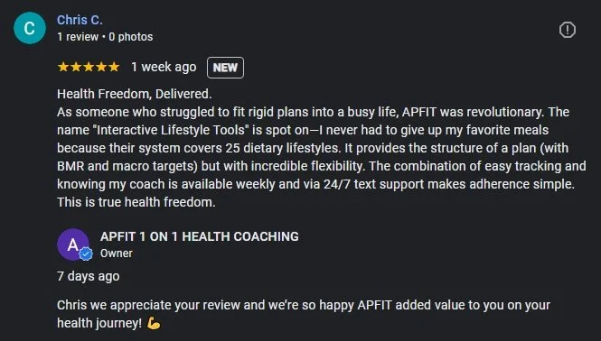 Customer review and reply for health coaching service. The review praises the flexibility, support, and effectiveness of the program, mentioning its impact on their diet and lifestyle.
