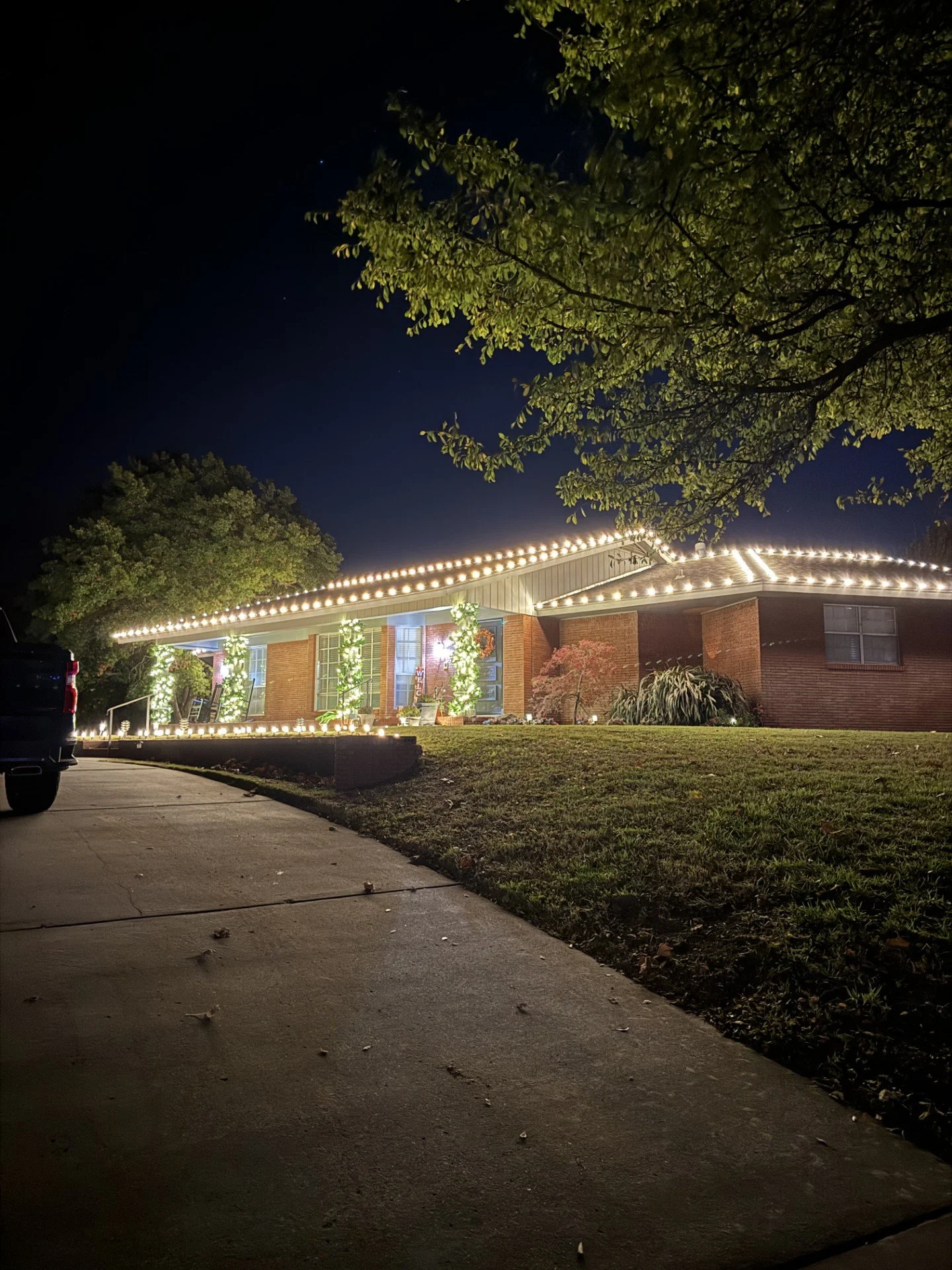 Nighttime view of a house decorated with Christmas or holiday lights, featuring string lights along the roof and illuminated plants near the front porch. A tree with green leaves is visible at the top of the image.