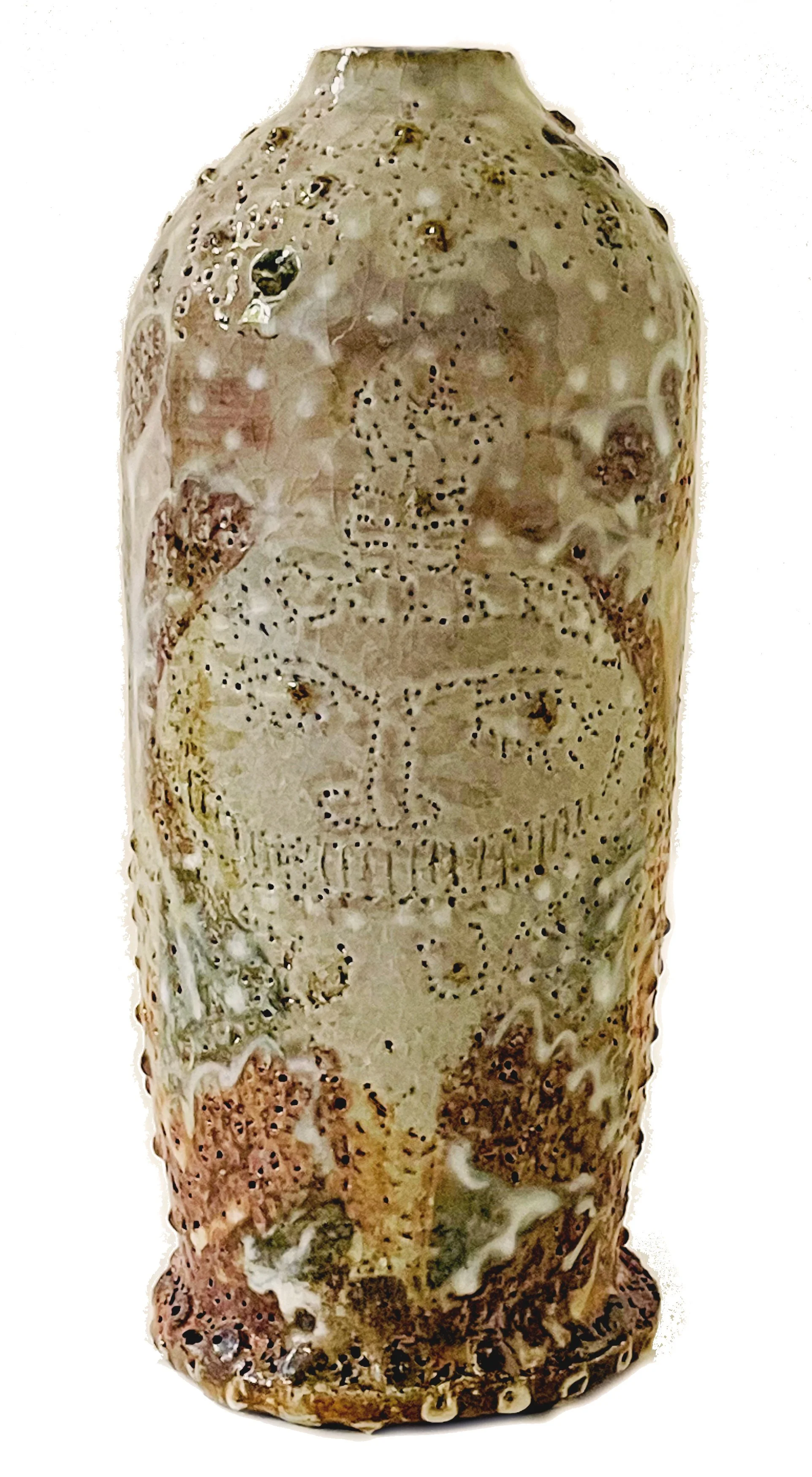 A ceramic vase with a face design made of small holes and textured surface.