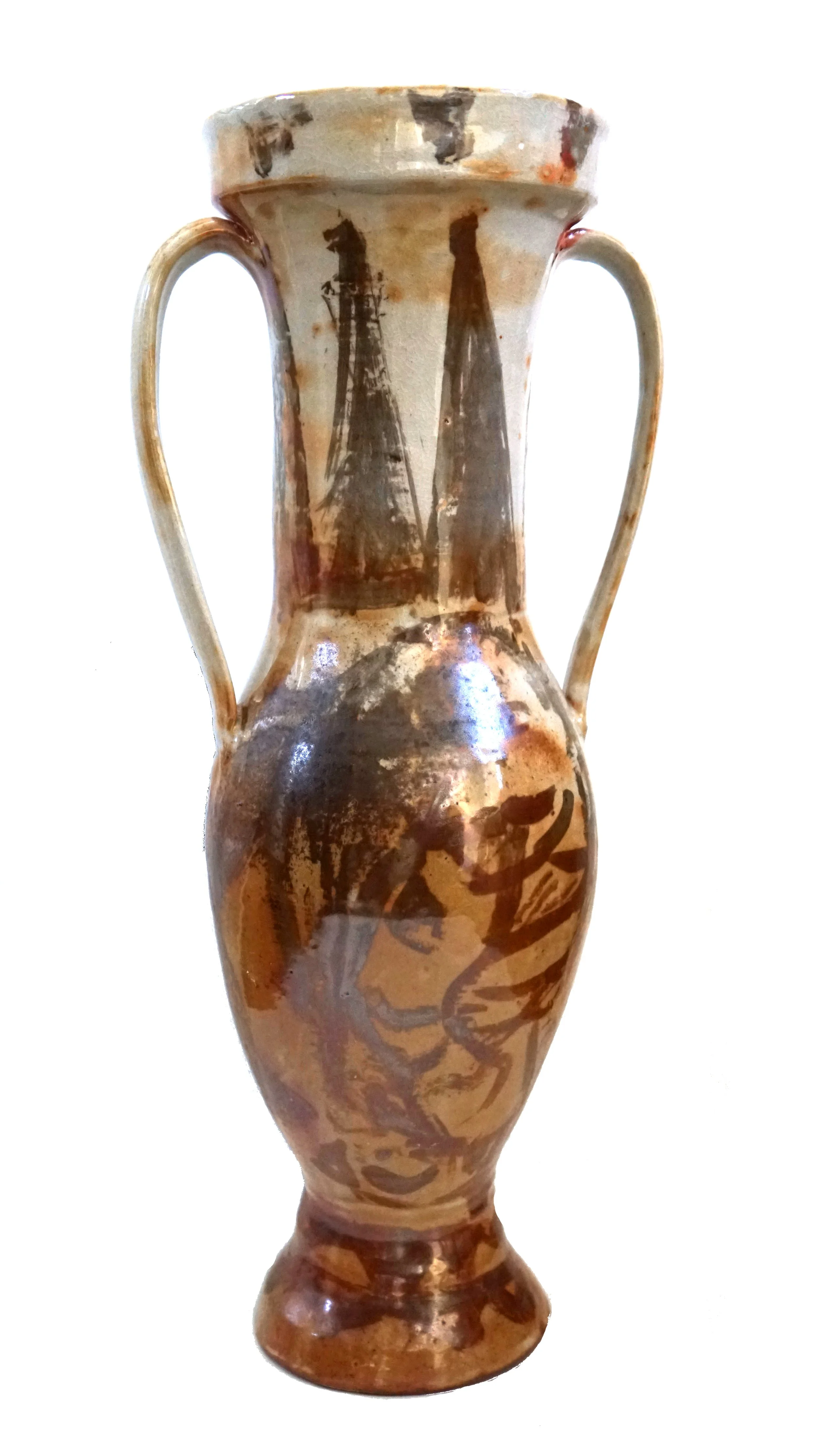 A ceramic vase with two handles, decorated with abstract designs and images of ships on the upper part.