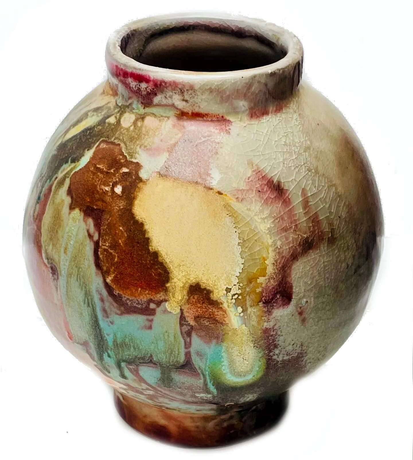 Colorful ceramic vase with a rounded shape and a narrow opening at the top, featuring an abstract pattern with shades of beige, brown, green, and red, and a slightly cracked glaze finish.
