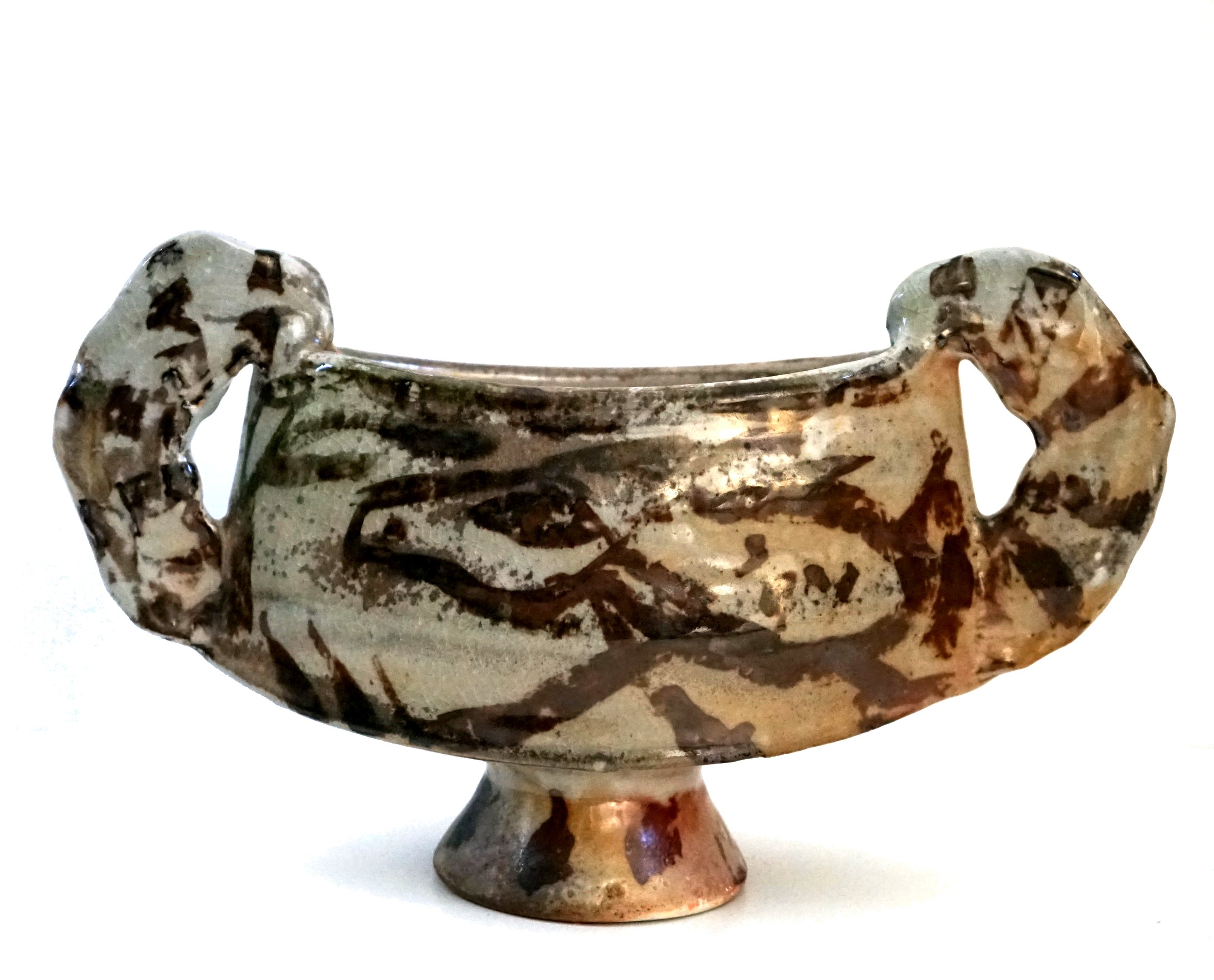 Ceramic vessel with handles, featuring a horse image.