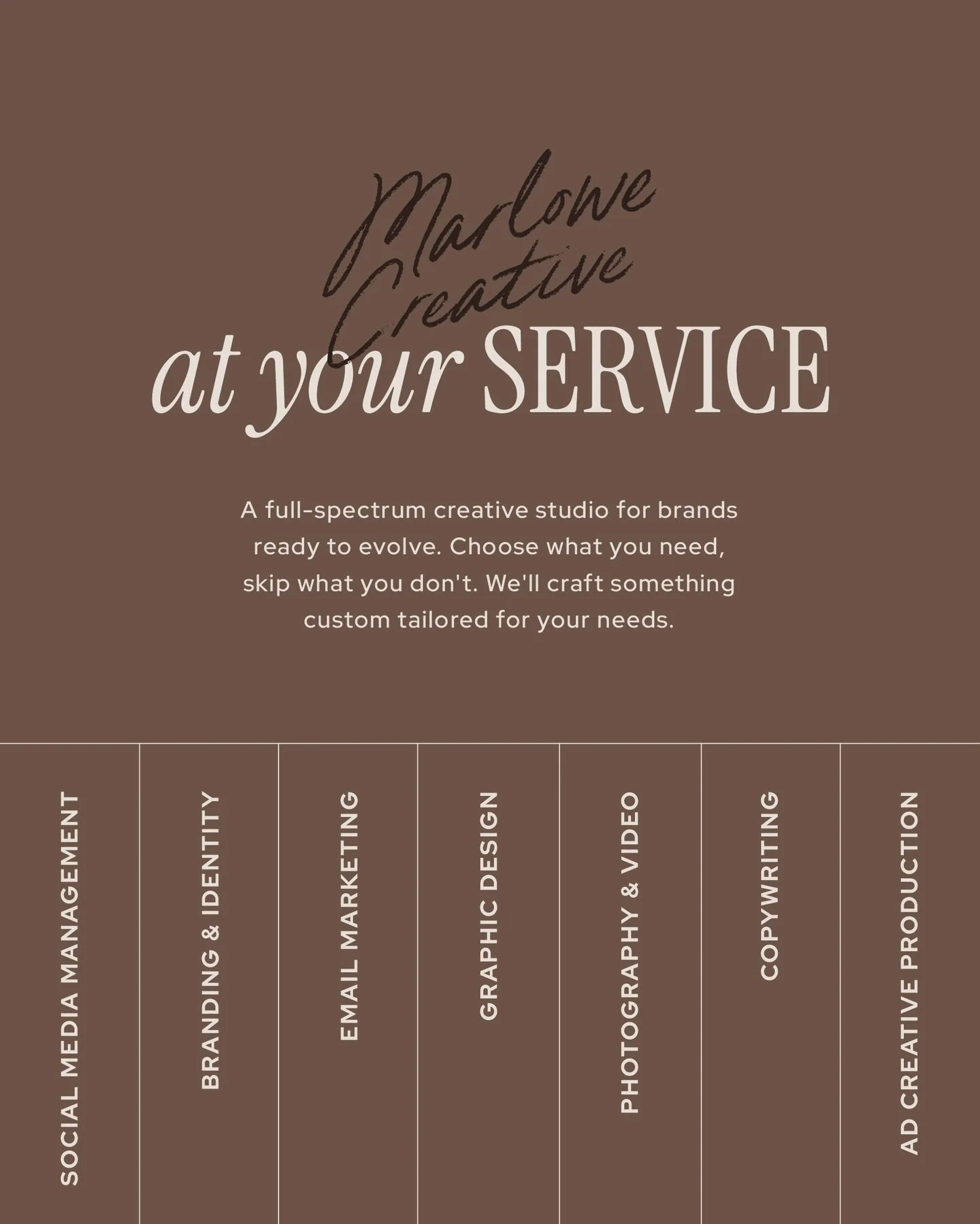 Marlowe is a full-spectrum creative studio for brands ready to evolve. Not a menu you have to order off of. More like a table set just for you. 

We're a creative marketing agency that designs for people first, and platforms a close second. 

Here's 