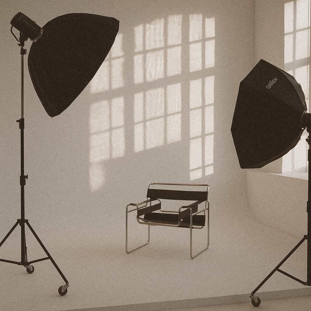 A photography studio setup with two large softbox lights, a modern black chair with metal frame, and a window with sunlight casting shadows on the wall.