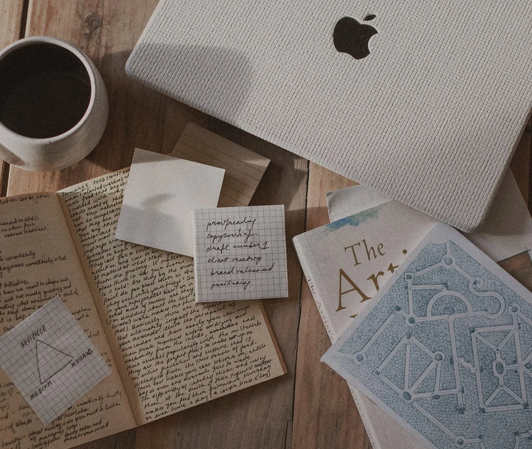 A wooden desk with a closed silver MacBook with Apple logo, a white mug of coffee, several handwritten notes on graph and lined paper, and a book titled 'The Art' with a detailed blue and white illustration of a maze or puzzle.
