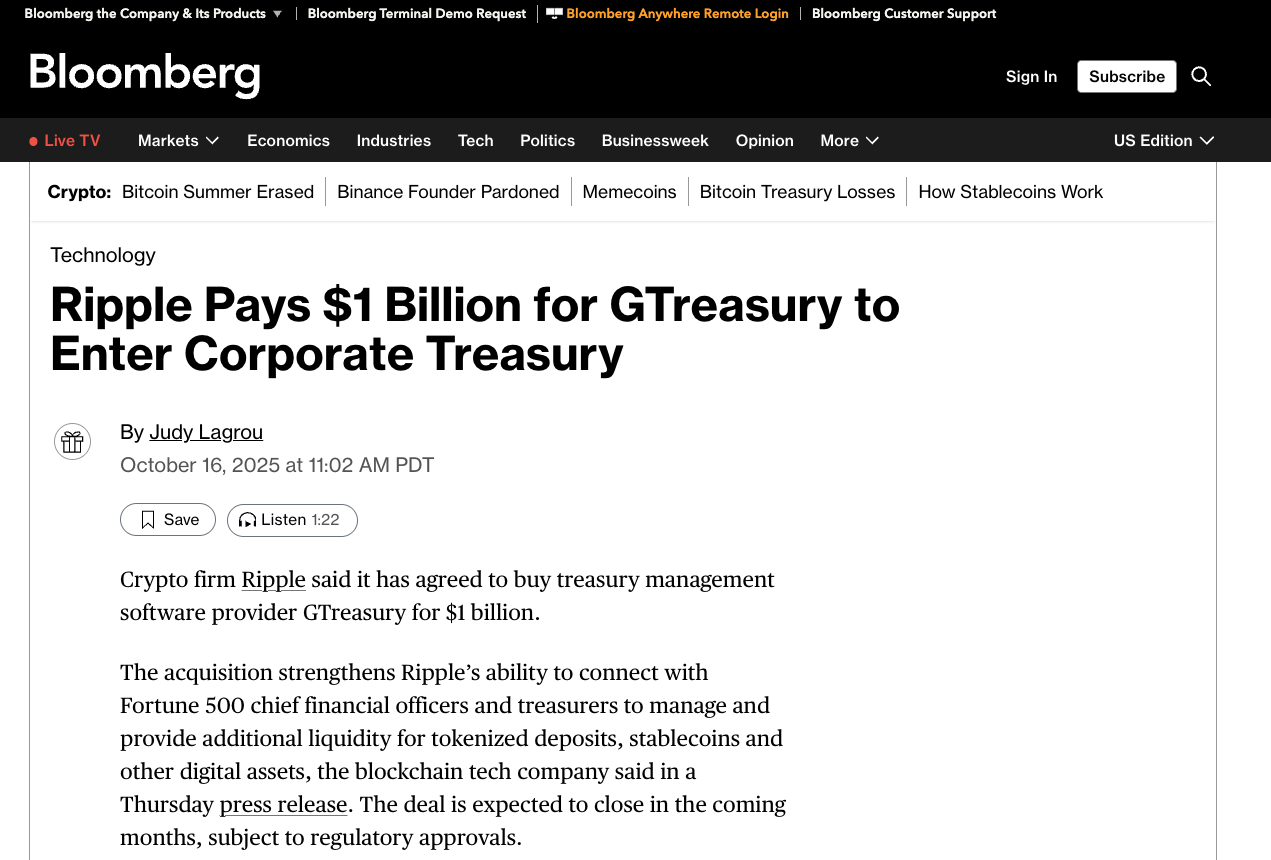 Bloomberg news webpage featuring a headline about Ripple paying $1 billion for GTreasure to enter the corporate treasury, dated October 16, 2025.