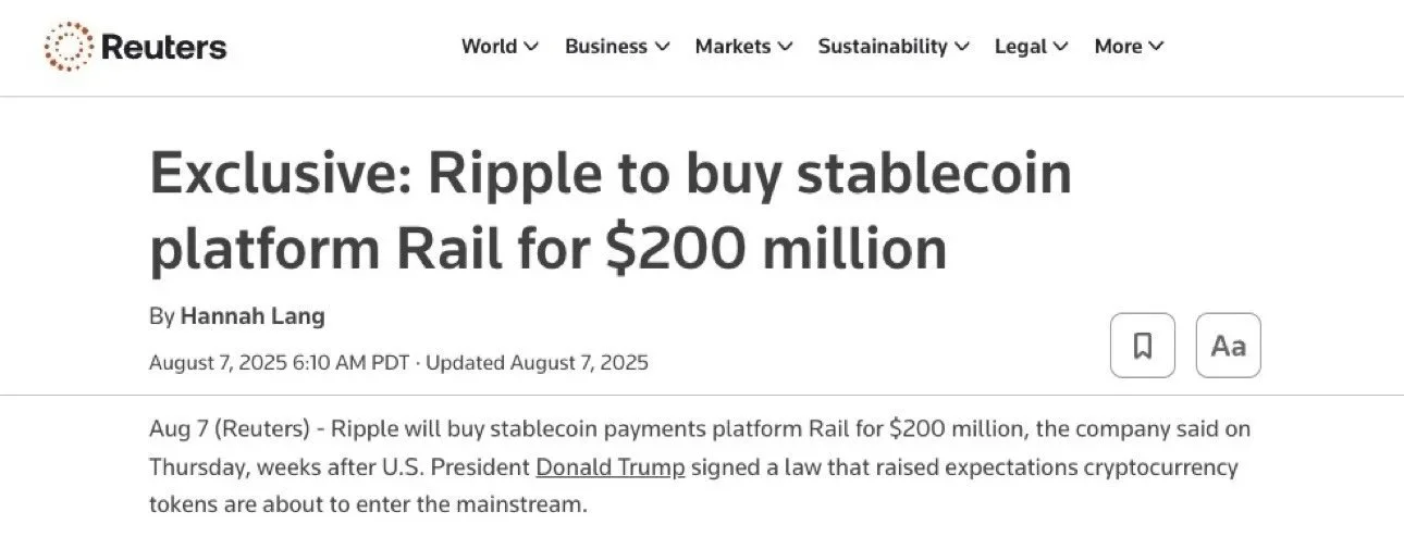 Screenshot of Reuters news article headlined "Exclusive: Ripple to buy stablecoin platform Rail for $200 million."