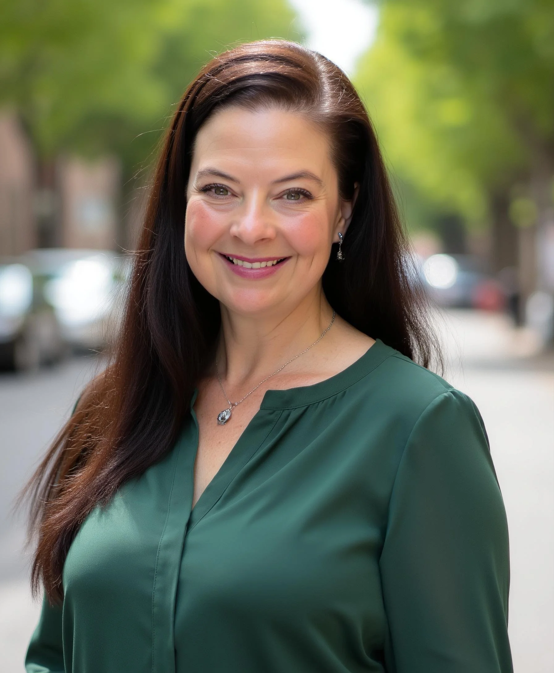 A smiling woman with long dark hair, wearing a dark green blouse, standing outdoors on a street with blurred trees and parked cars in the background.
