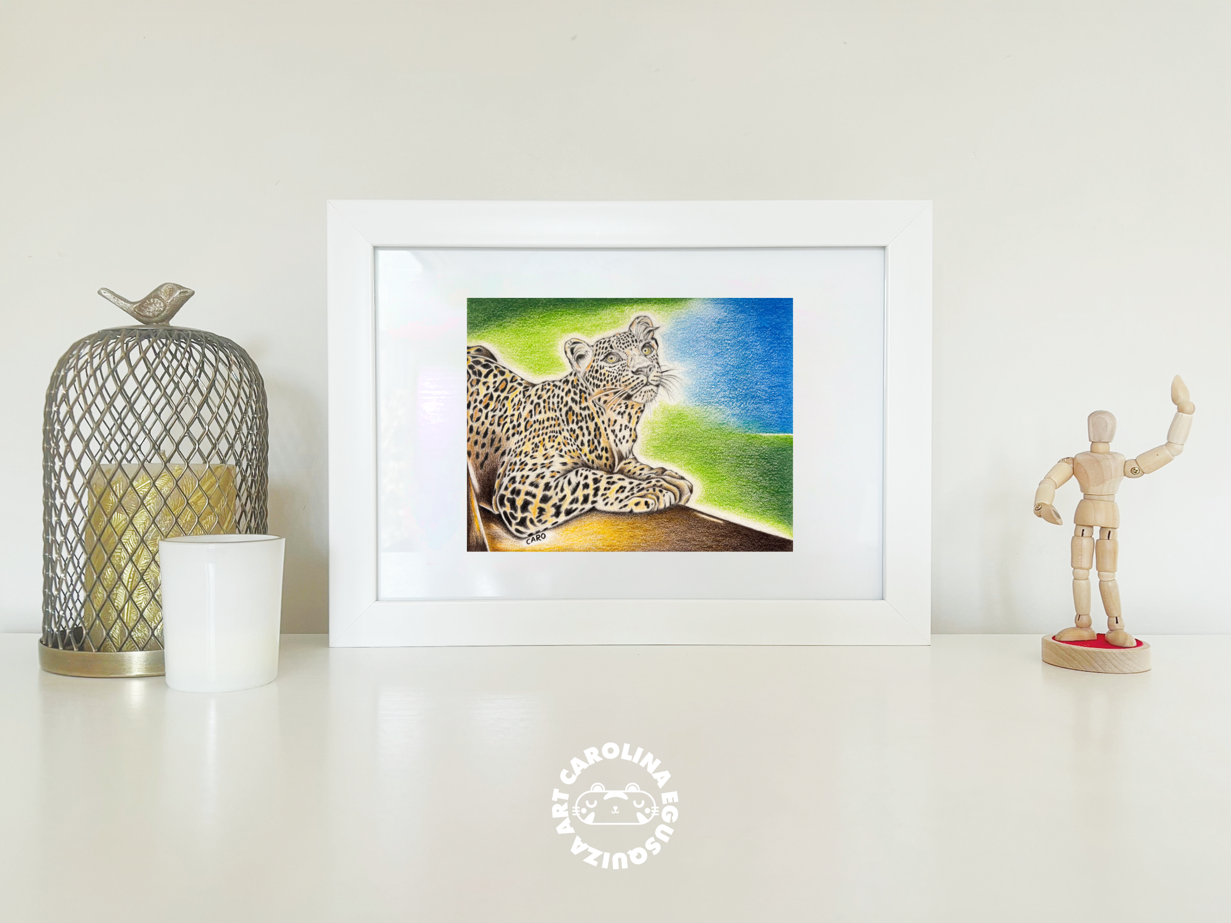 Digitally framed art of a leopard in full colour.