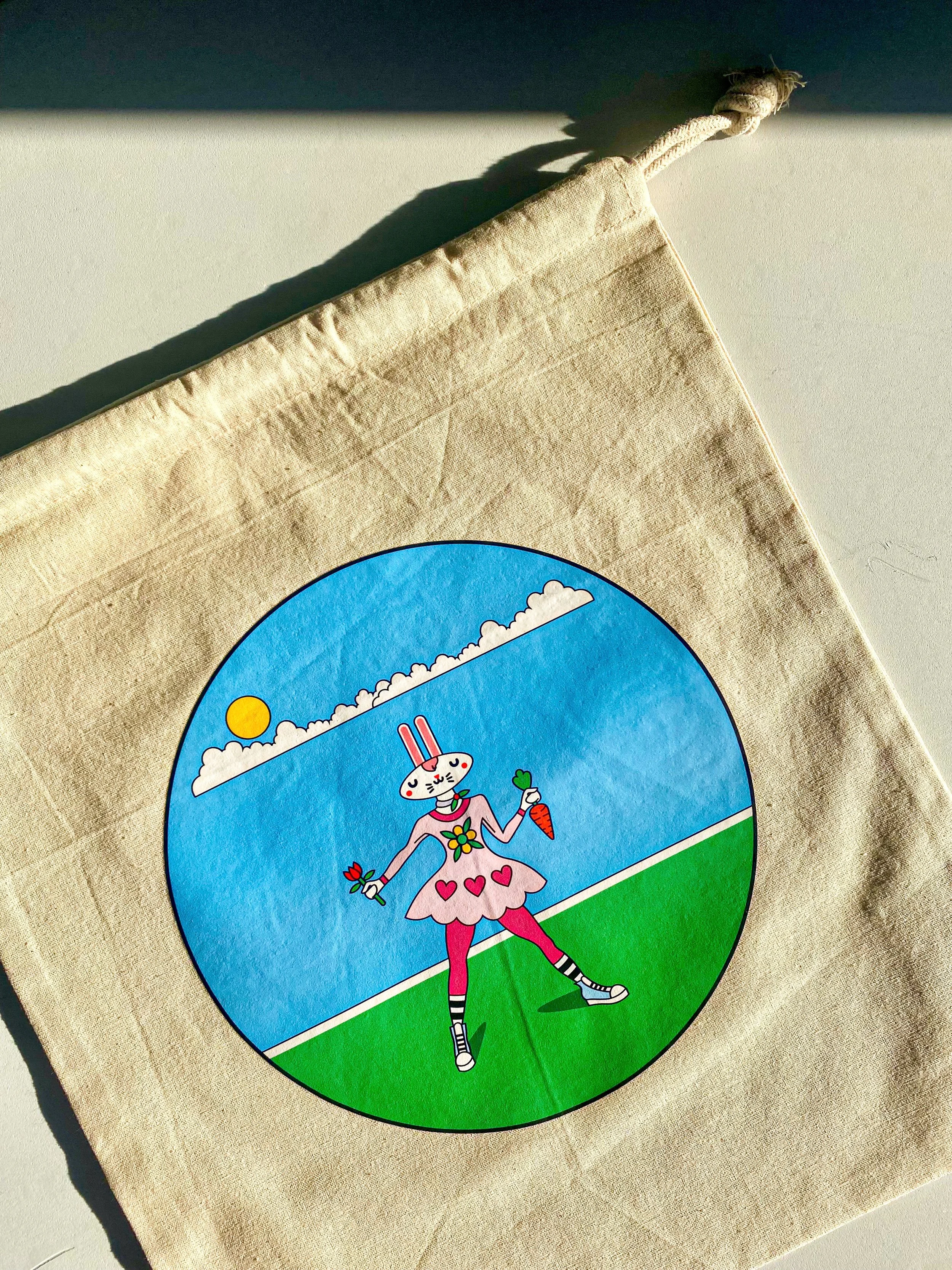 Closer look at Cheeky Rabbit logo print.