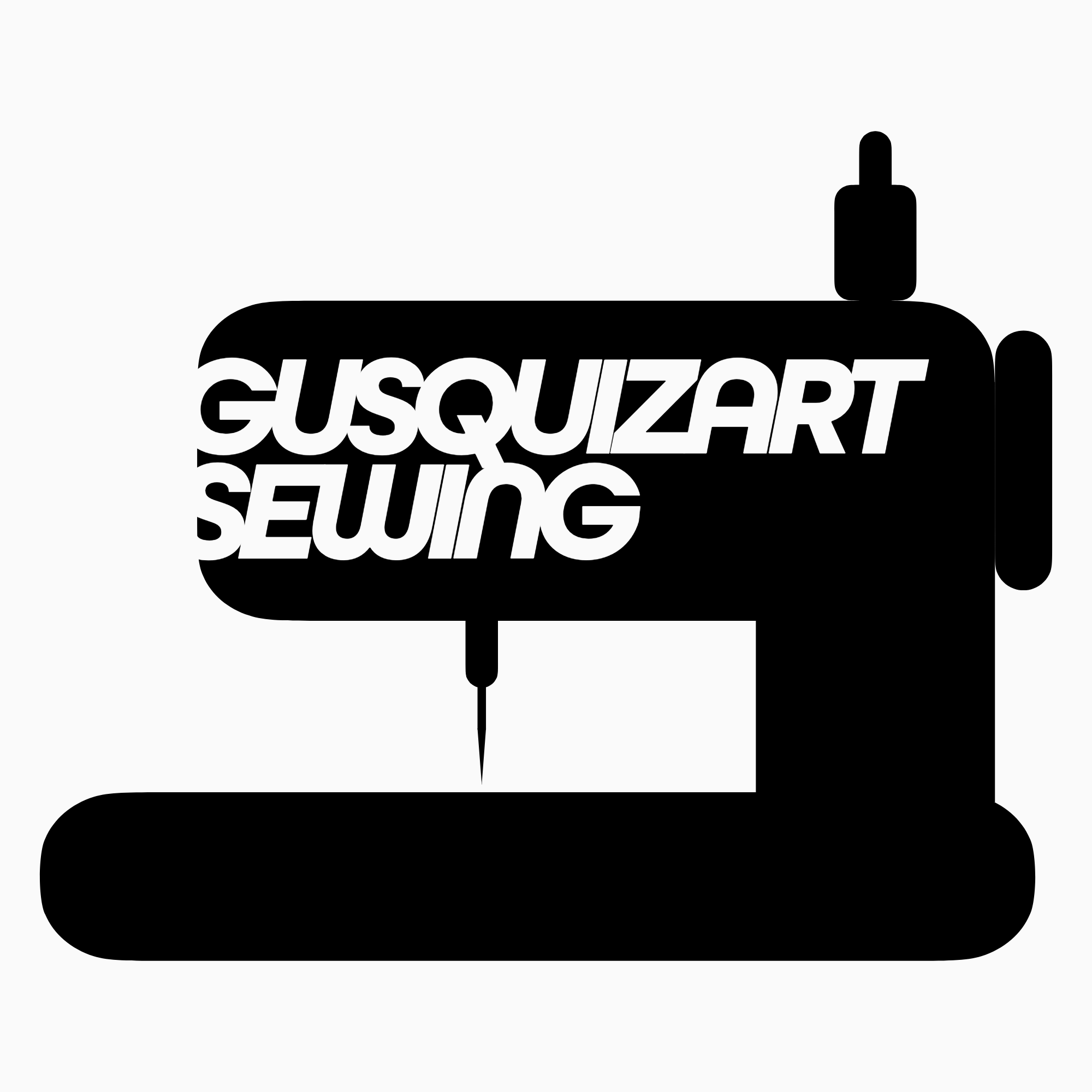 Graphic logo of a sewing machine with GUSQUIZART SEWING written on it.