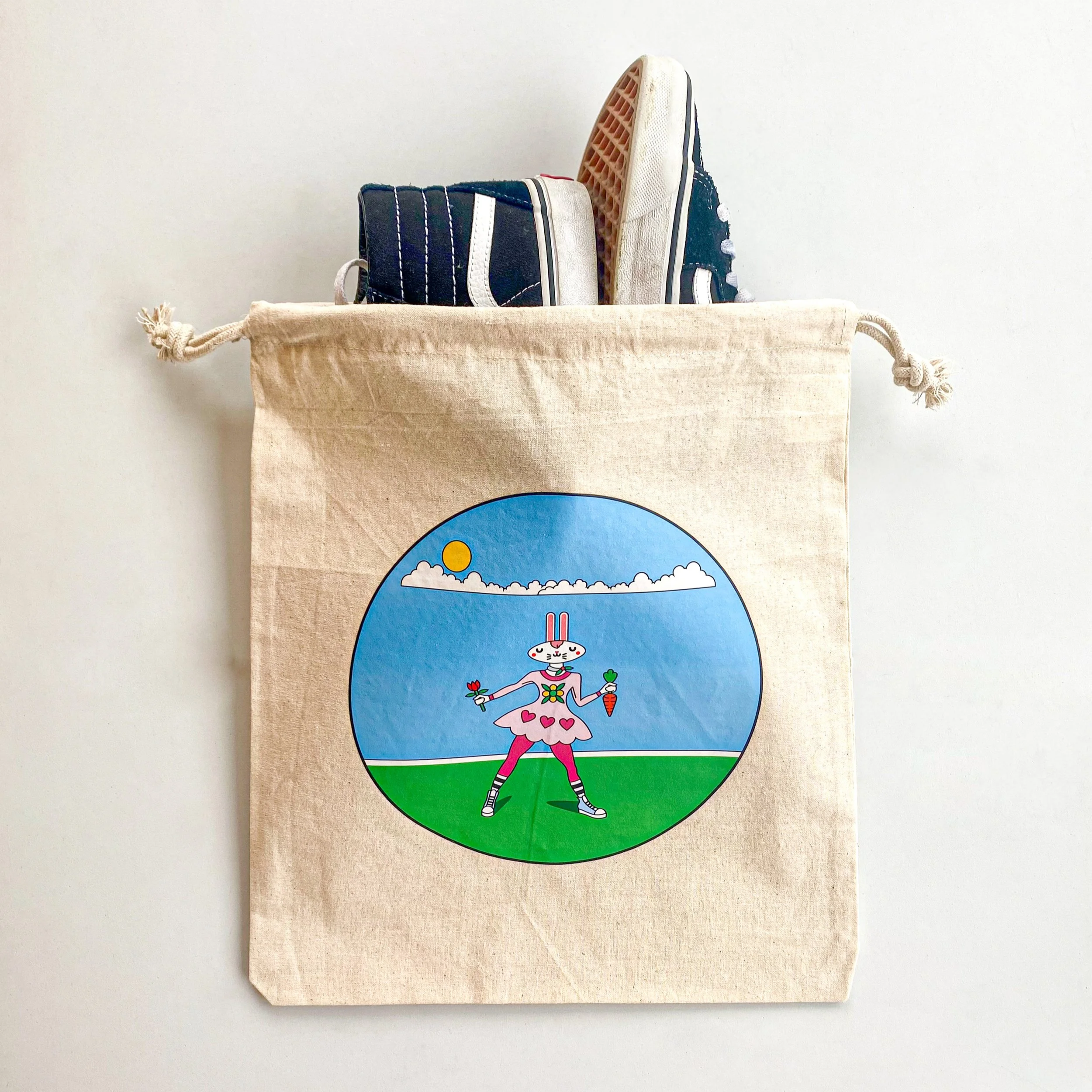 Photo of printed logo bag with a pair of shoes stacked into it.