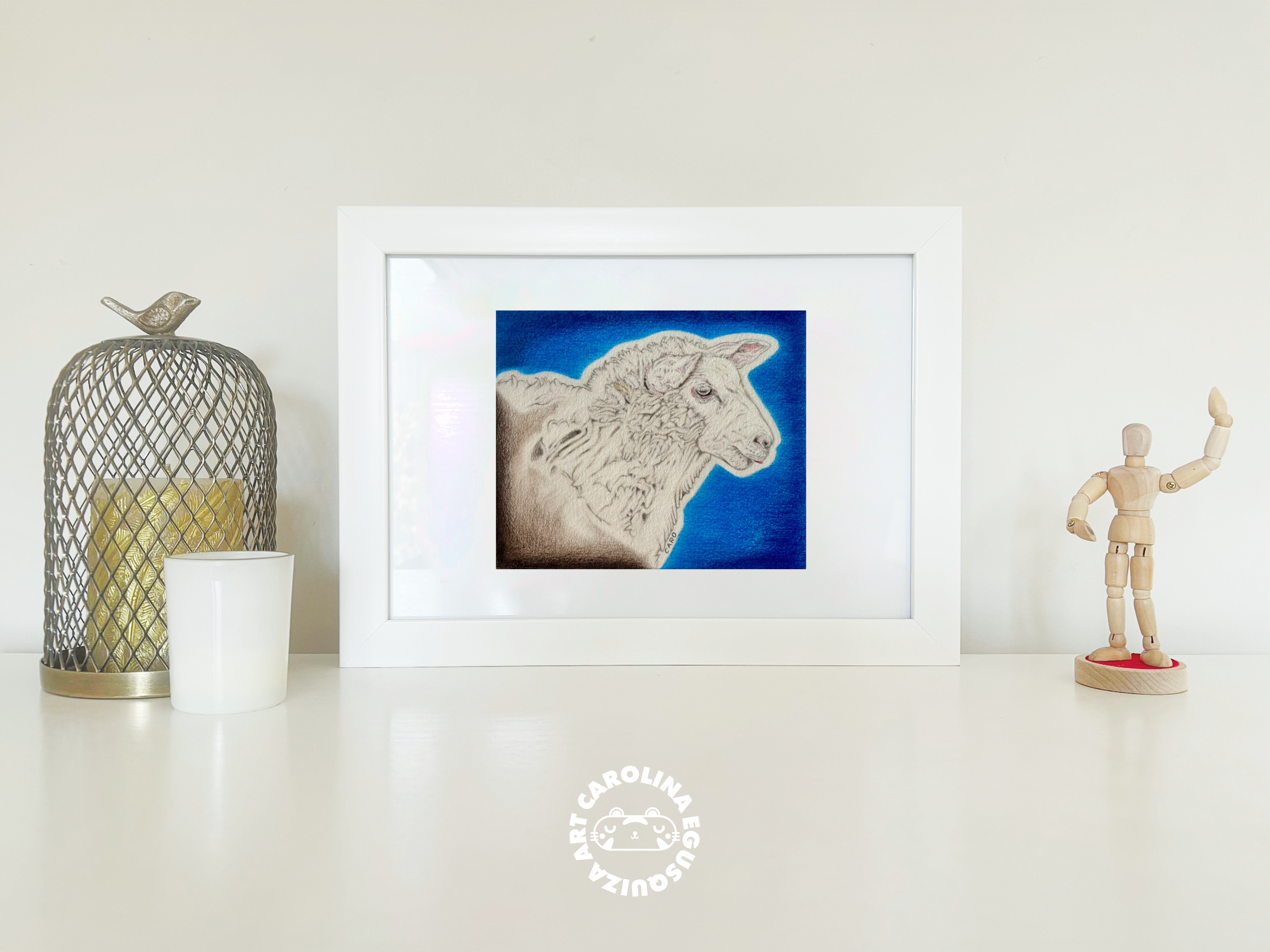 Framed art display of a sheep in full colour.