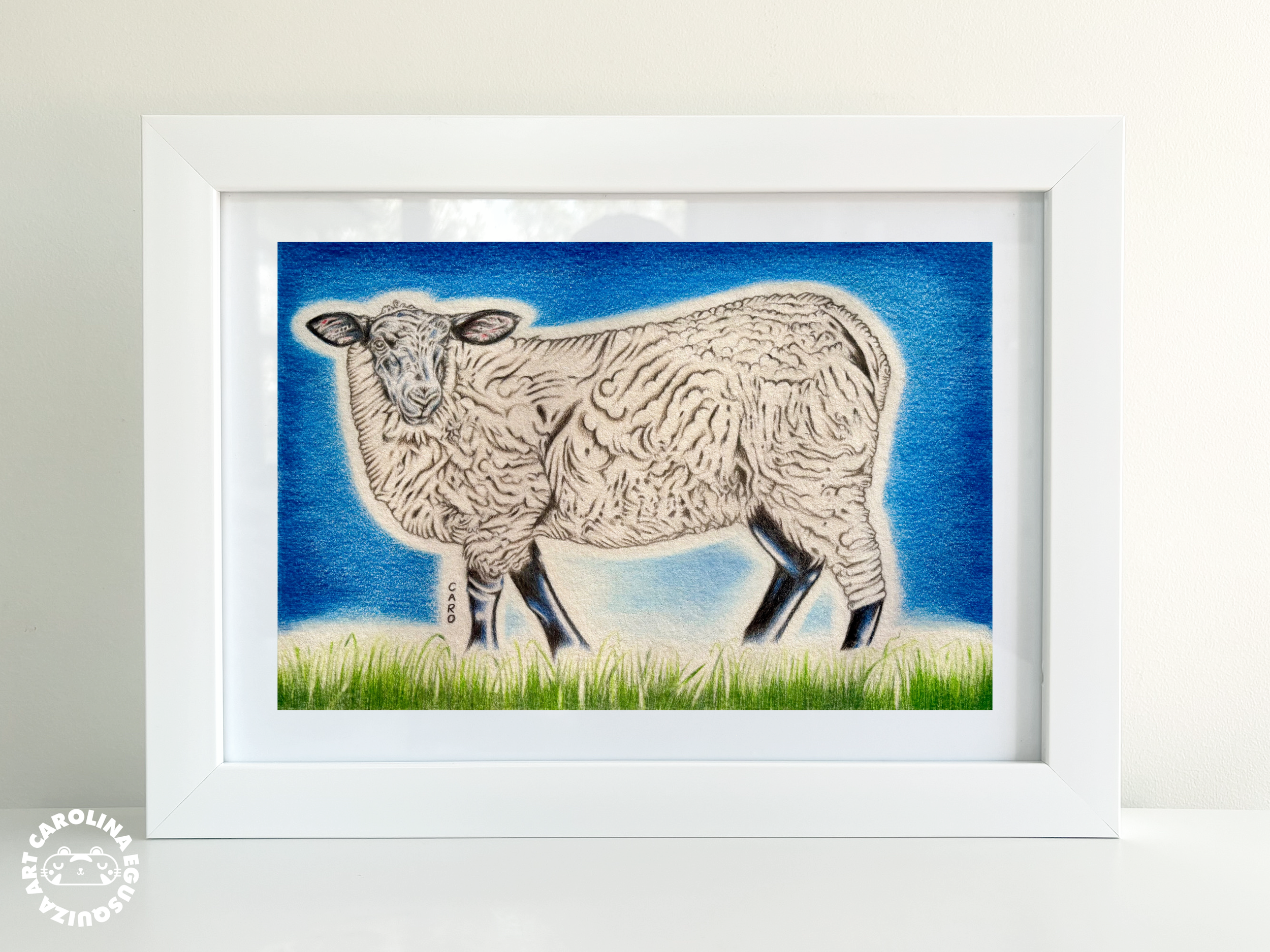 Framed art print display of a Suffolk sheep in full colour.