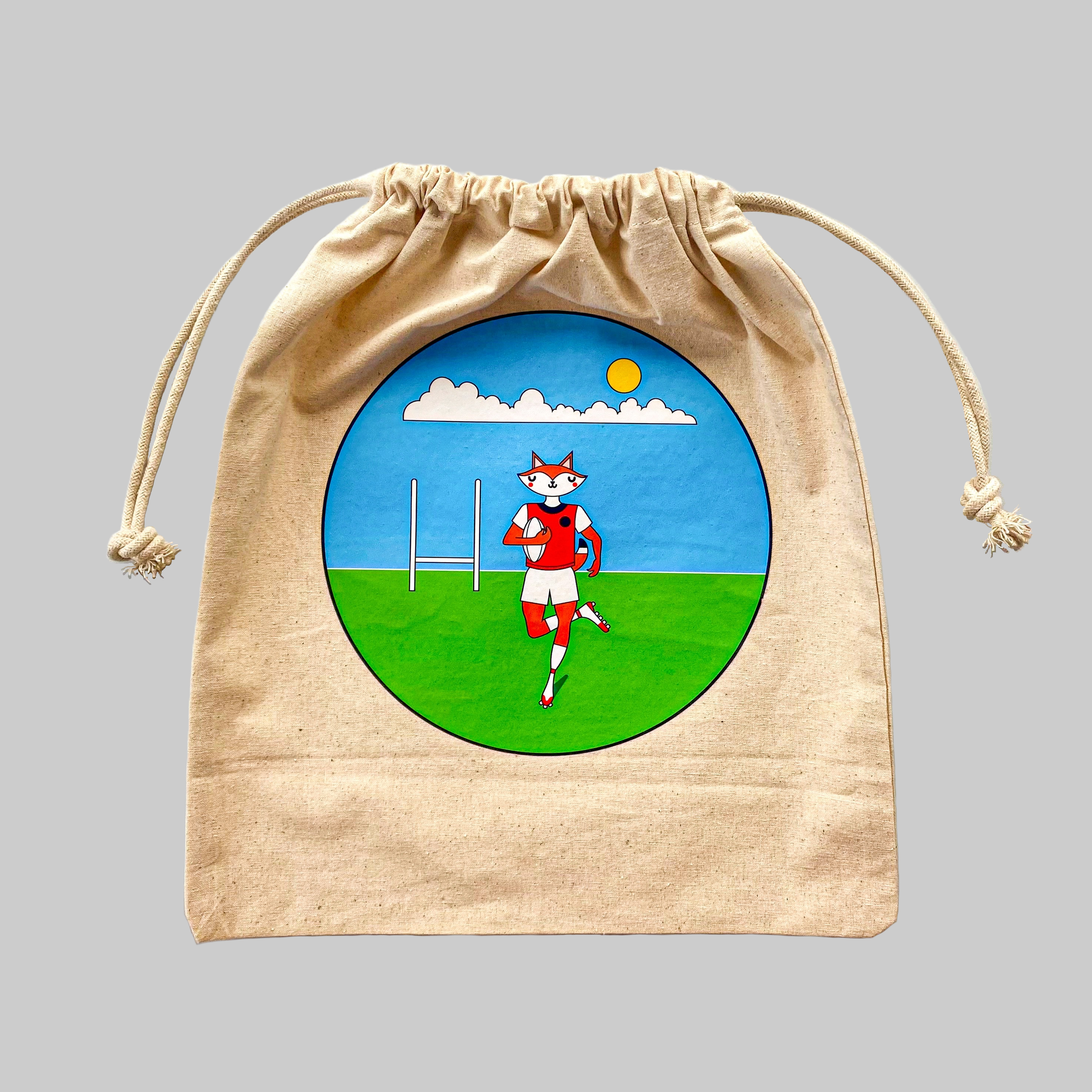 Digital image of a fox playing a game of rugby. Printed logo drawstring bag.